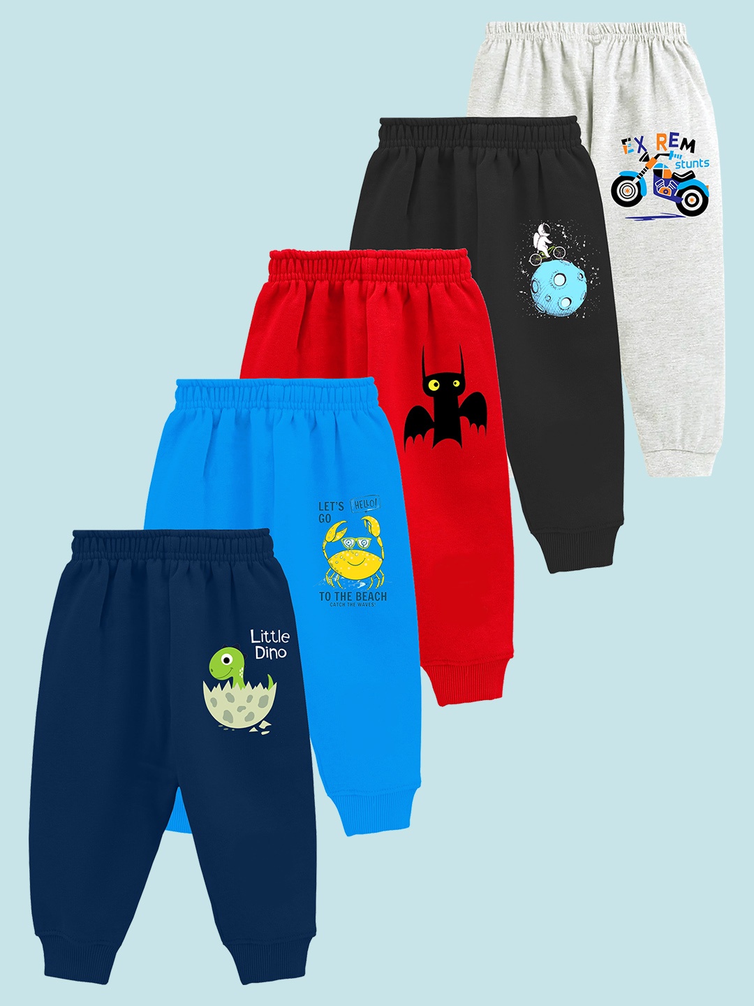 

KUCHIPOO Kids Pack Of 5 Graphic Printed Mid-Rise Joggers, Navy blue