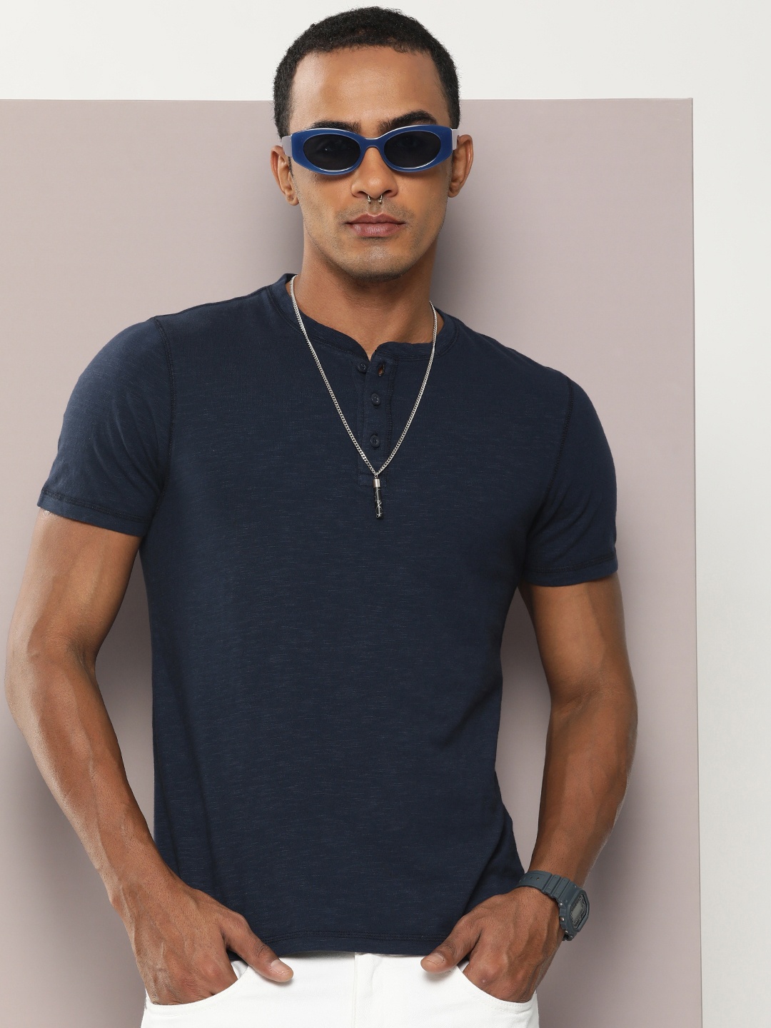 

Kook N Keech Men Henley Neck Pure Cotton T-shirt, Navy blue