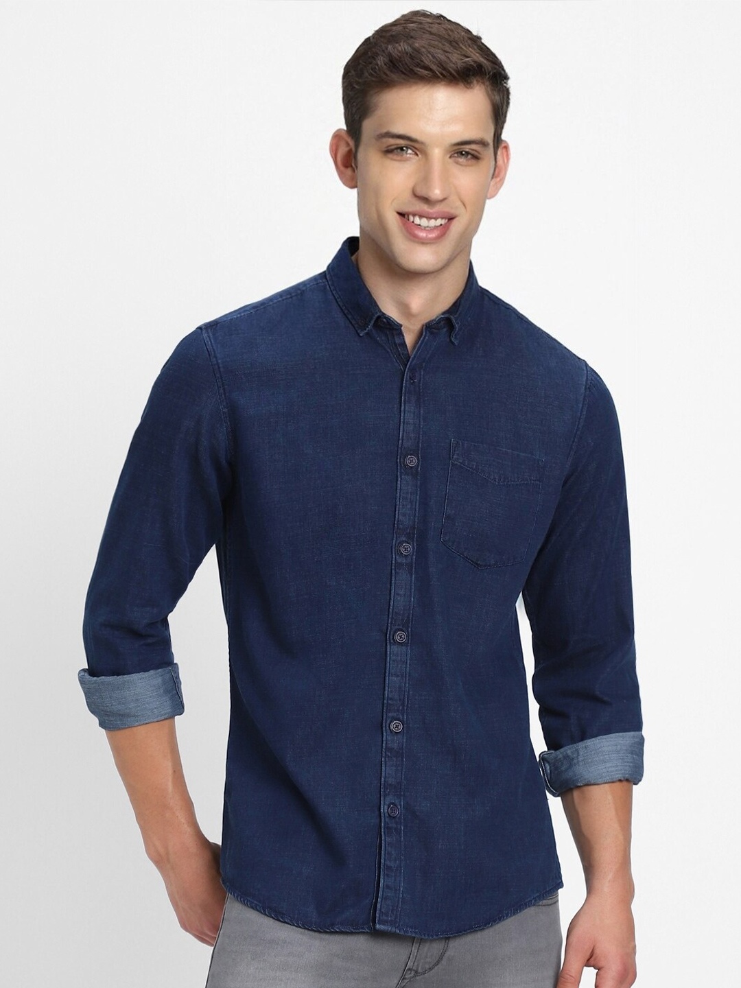 

FOREVER 21 Spread Collar Pure Cotton Casual Shirt, Navy blue