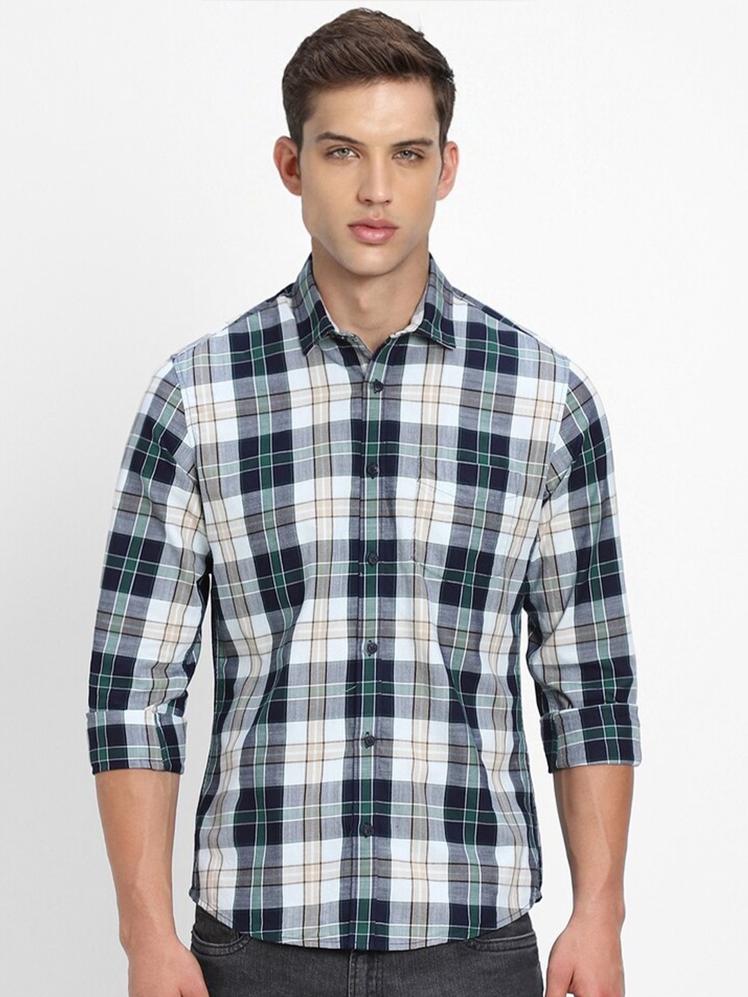 

FOREVER 21 Tartan Checked Pure Cotton Casual Shirt, White
