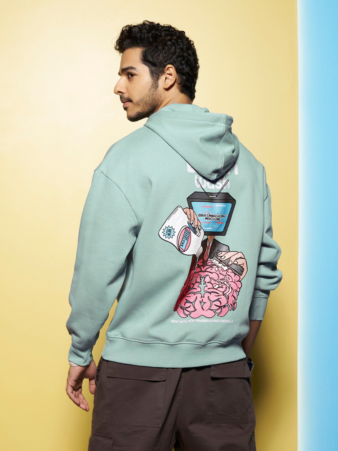 

Bewakoof Green Graphic Printed Hooded Fleece Pullover Oversized Sweatshirt