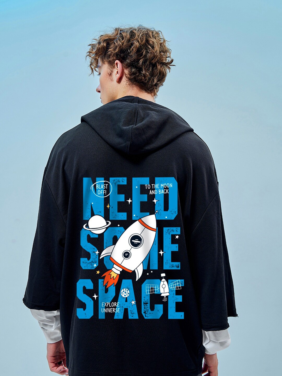

Bewakoof Black Space Graphic Printed Hooded Terry Pullover Oversized Sweatshirt