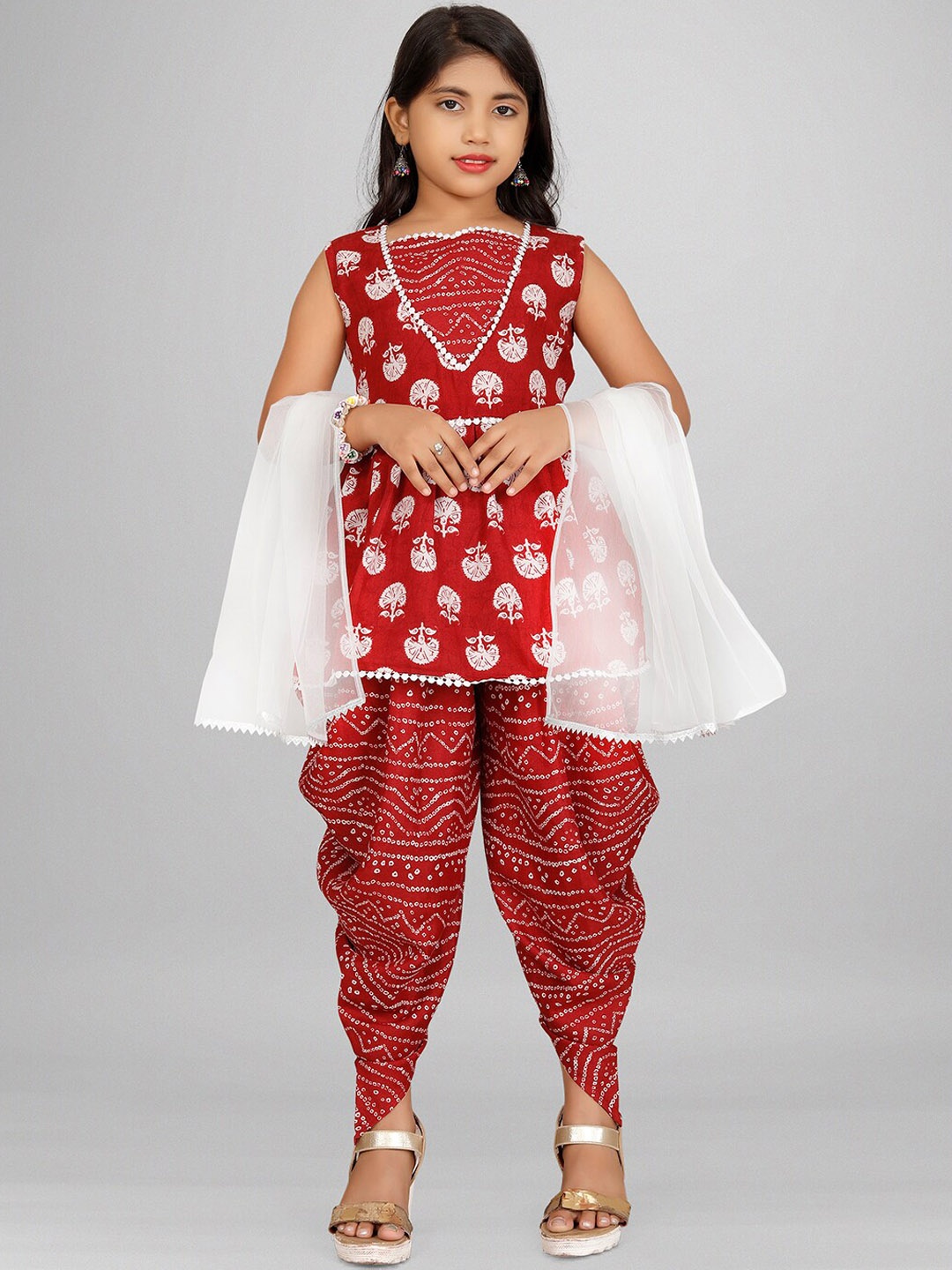 

BAESD Girls Maroon Floral Printed Regular Kurta with Dhoti Pants & With Dupatta