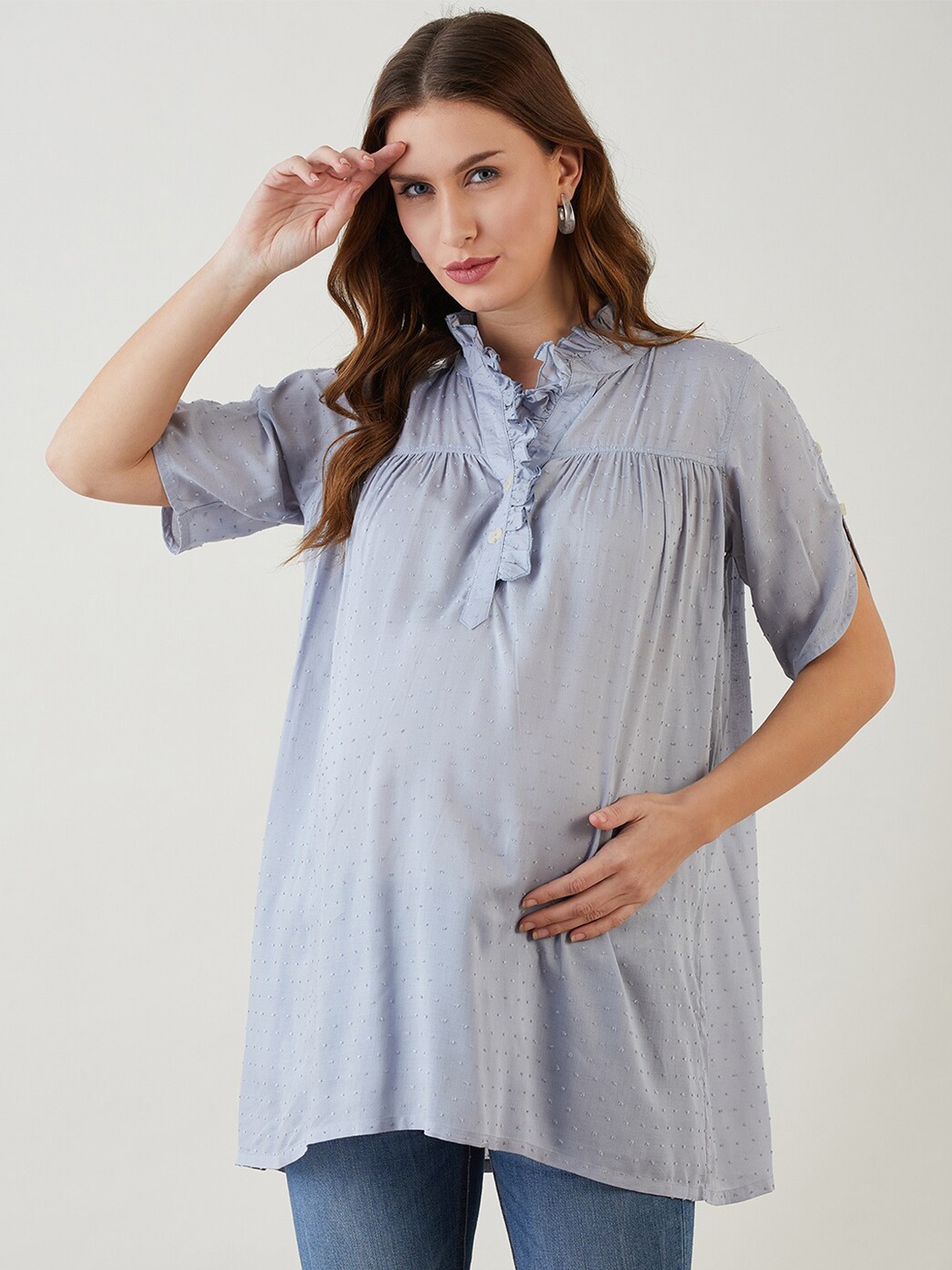 

The Kaftan Company Self Design Slit Sleeves Ruffles Maternity Dobby Top, Grey