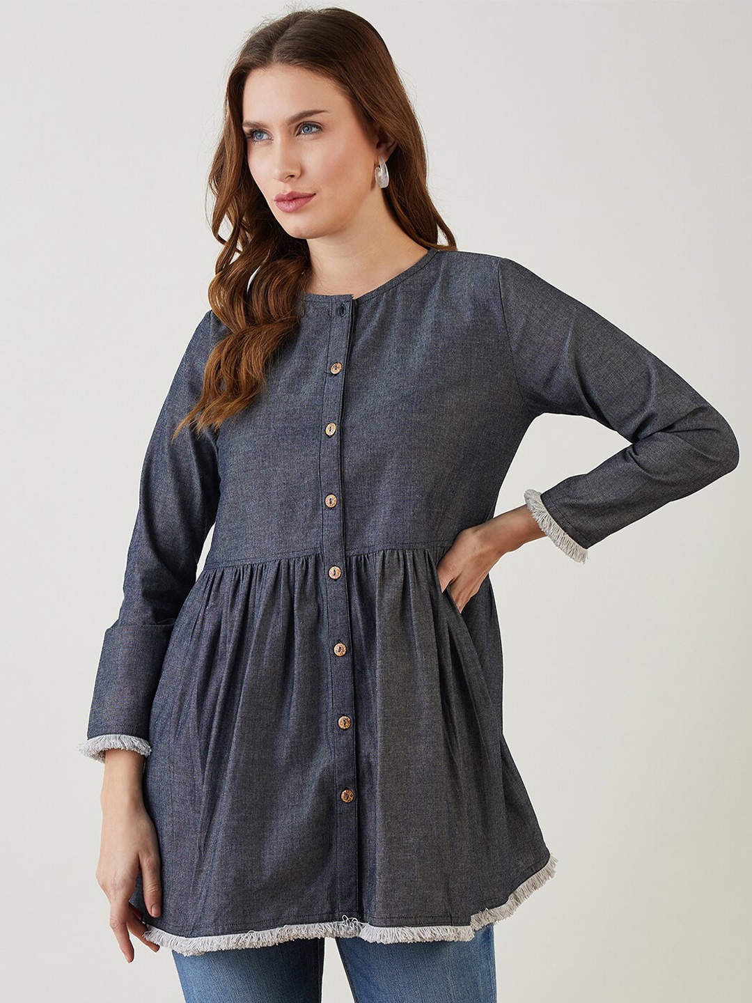 

The Kaftan Company Gathered or Pleated Cotton Denim Top, Navy blue