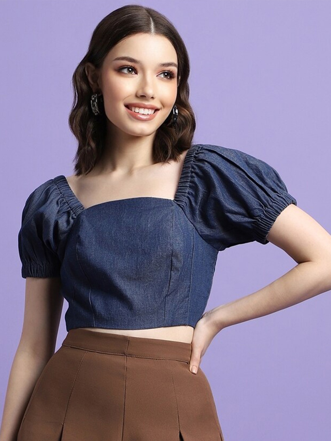 

FOREVER 21 Square Neck Puff Sleeve Cotton Crop Top, Navy blue