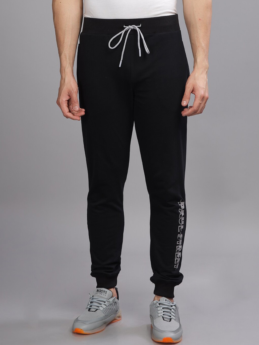 

PAUL STREET Men Brand Logo Printed Slim Fit Mid-Rise Pure Cotton Joggers, Black