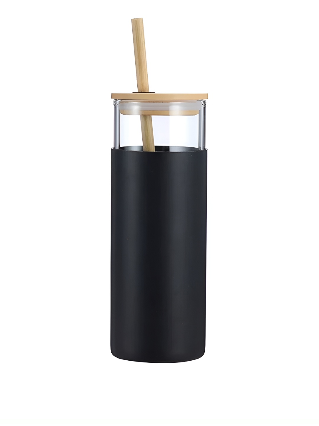 

WELOUR Black Glass Tumbler With Bamboo Straw 400 ML