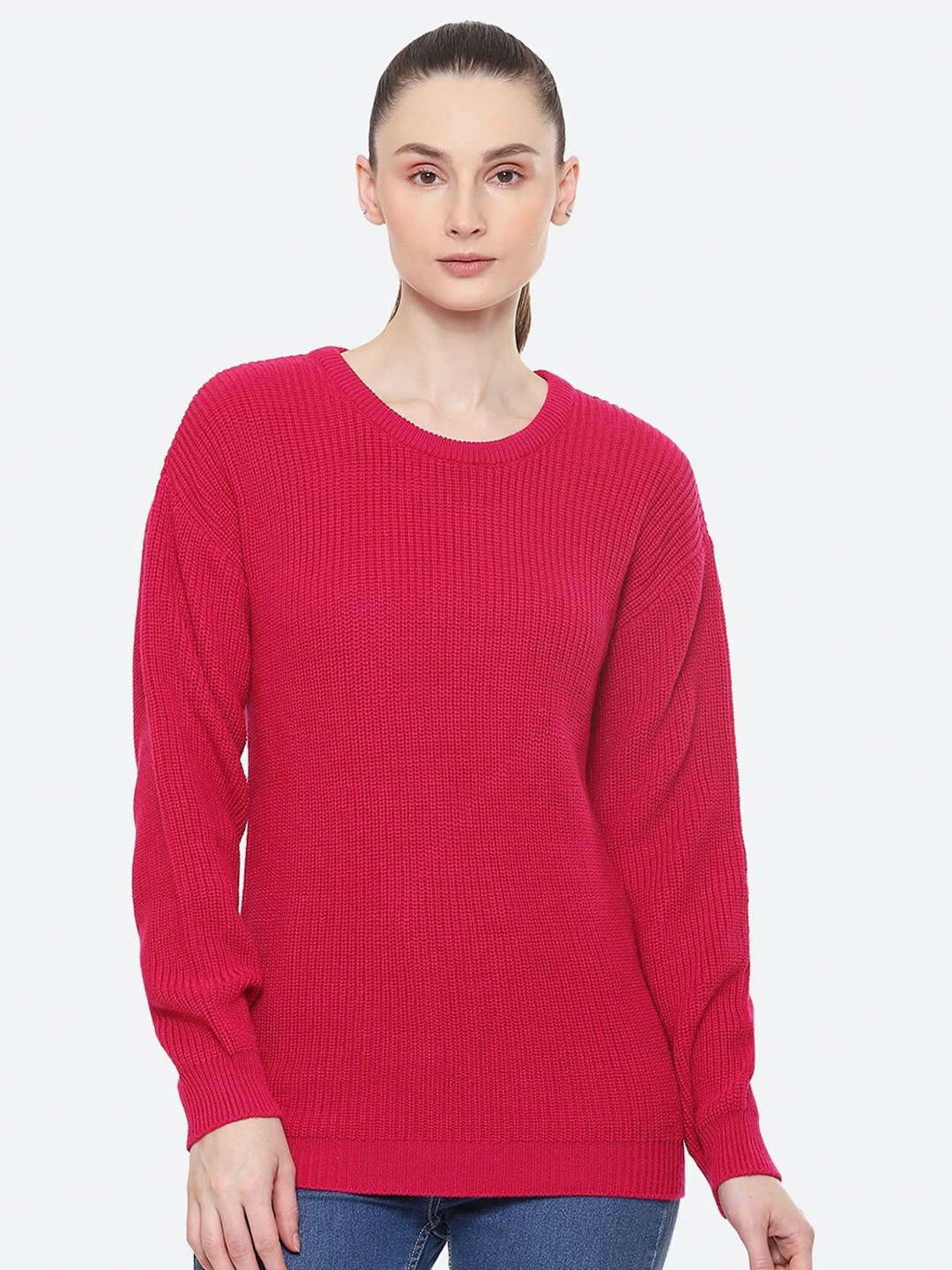 

2Bme Cable Knit Drop shoulder Sleeves Acrylic Pullover, Fuchsia