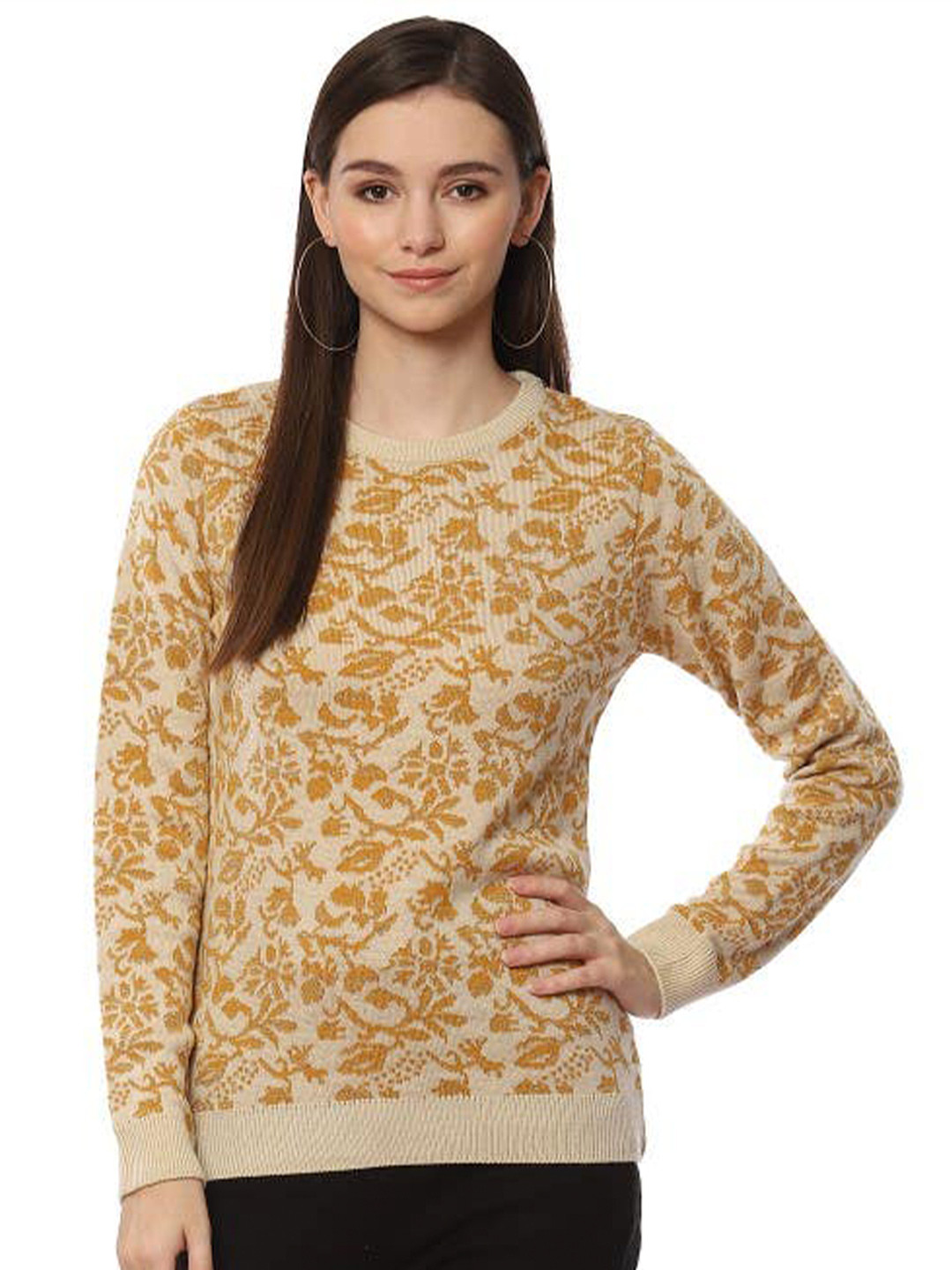

2Bme Floral Printed Acrylic Pullover, Beige