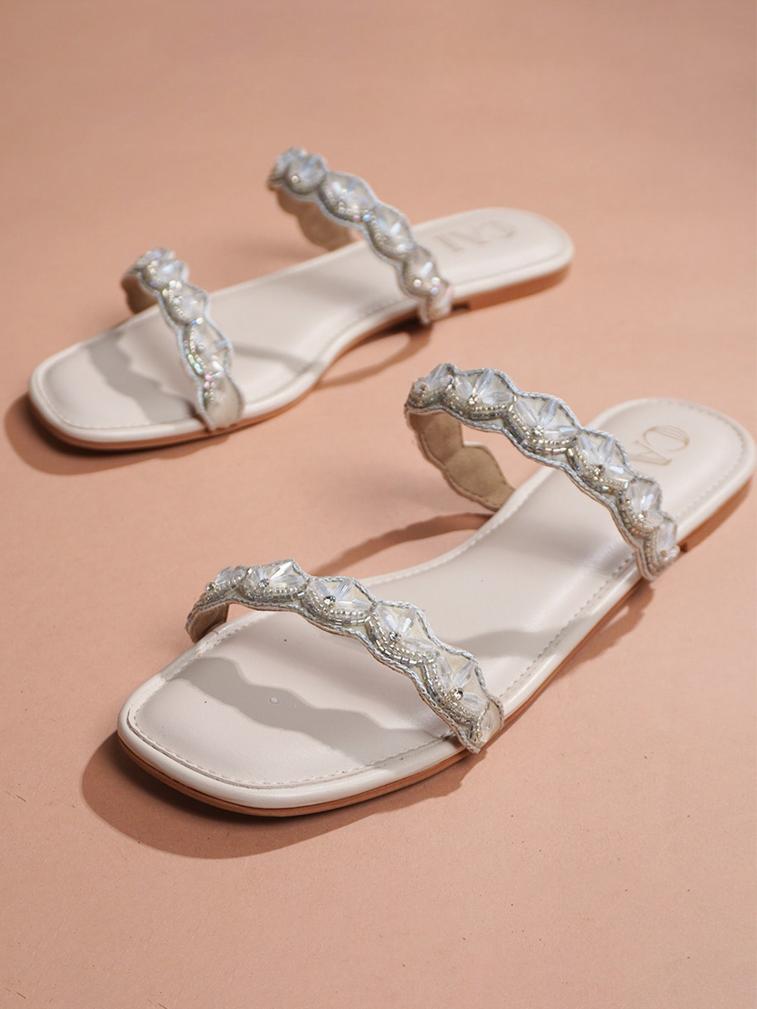

CAI Embellished Open Toe Flats, Cream