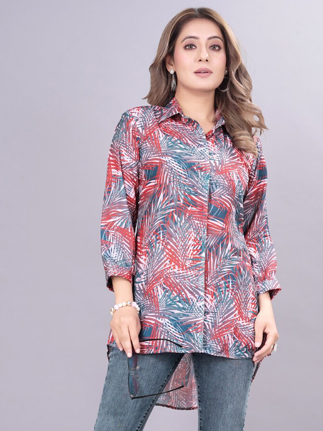 

FABDYOR Printed Shirt Collar Tunic, Grey