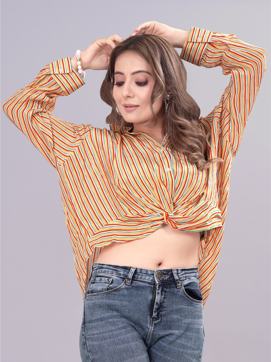 

FABDYOR Premium Vertical Striped Crop Casual Shirt, Beige