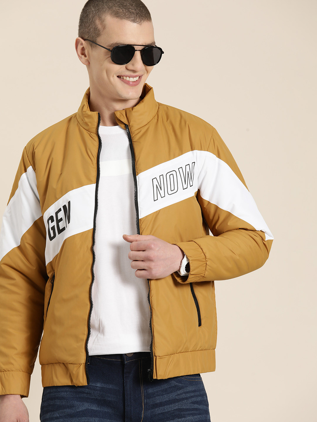 

HERE&NOW Men Typography Printed Bomber Jacket, Mustard