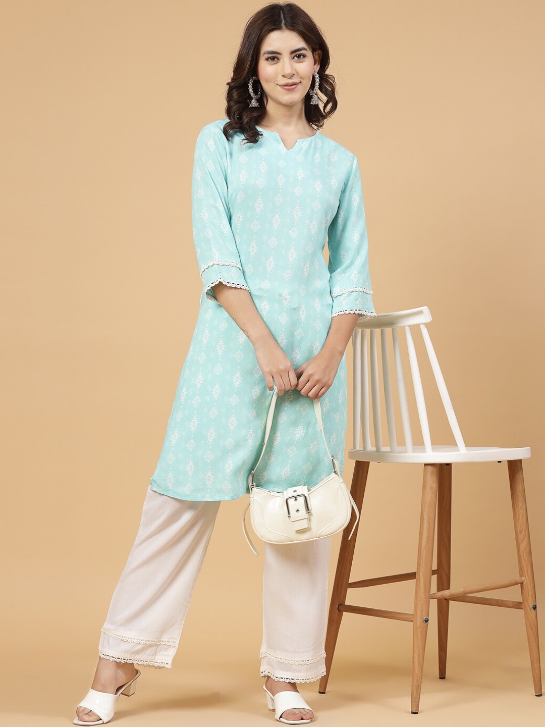 

Rigo Printed Kurta with Palazzos Set, Turquoise blue