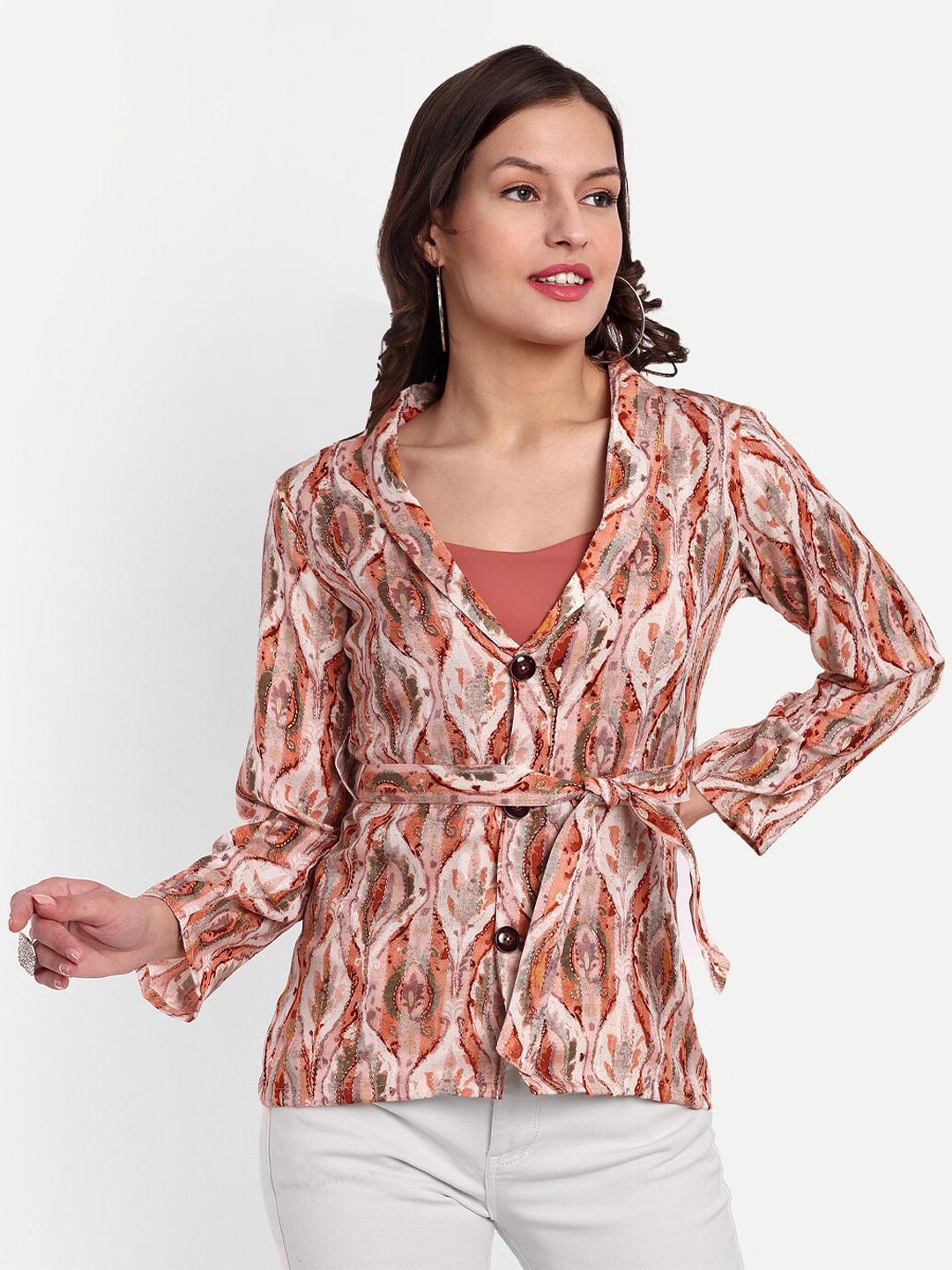 

FABDYOR Abstract Printed Lapel Collar Cotton Shirt Style Top, Orange