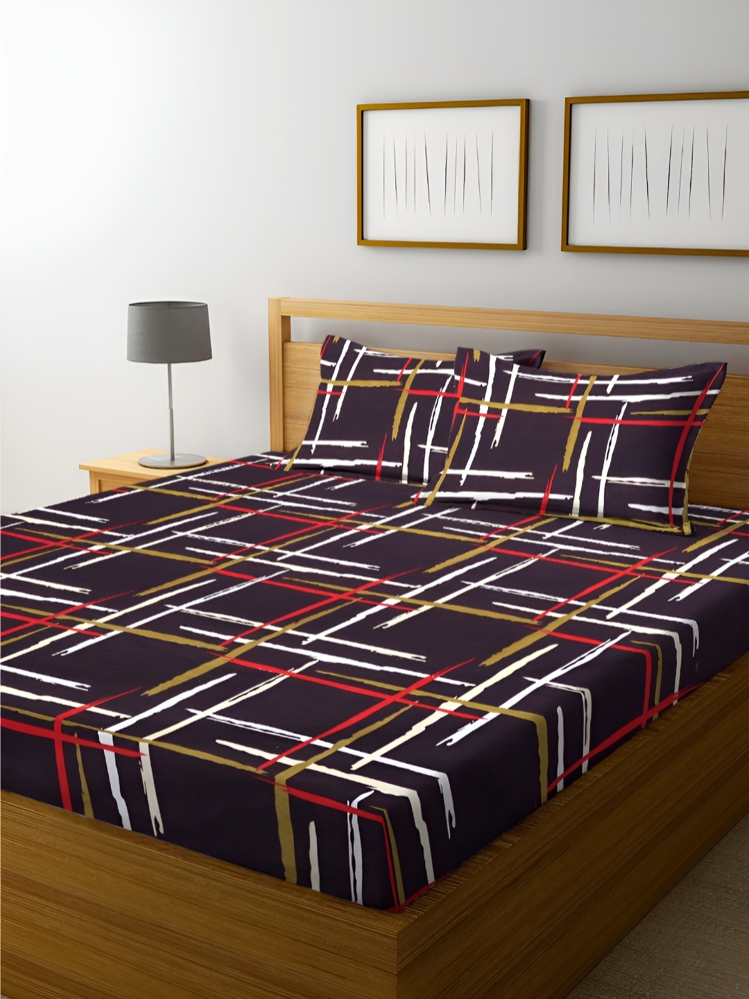 

HOMECRUST Coffee Brown Abstract 210 TC Queen Fitted Bedsheet With 2 Pillow Covers