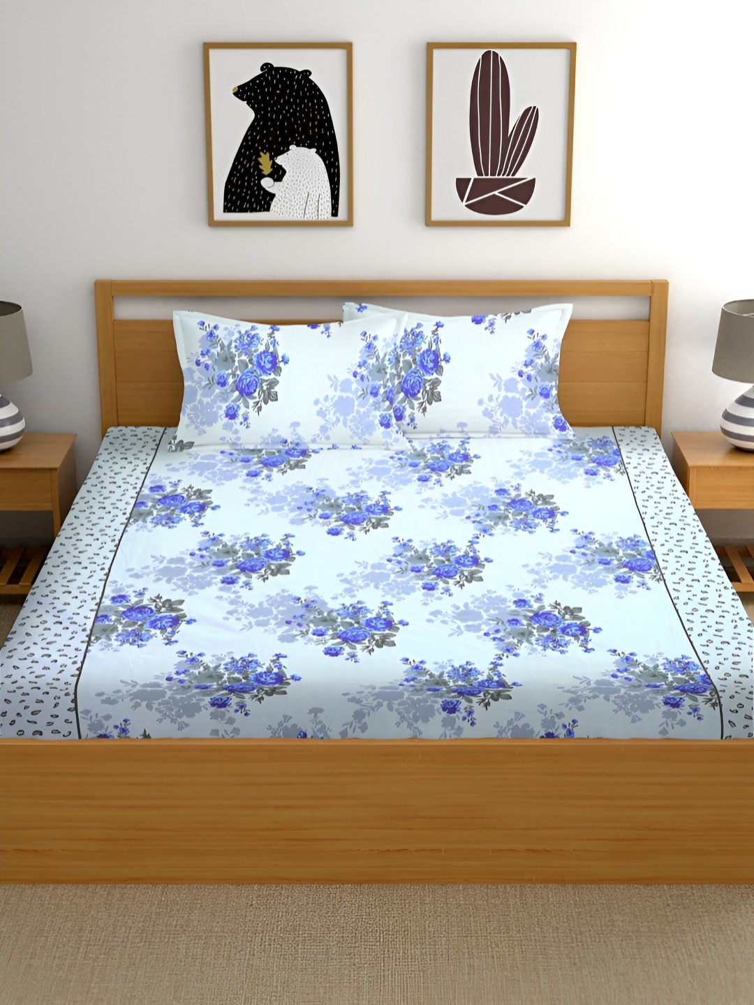 

HOMECRUST White & Blue Geometric 210 TC Queen Bedsheet with 2 Pillow Covers 300 GSM