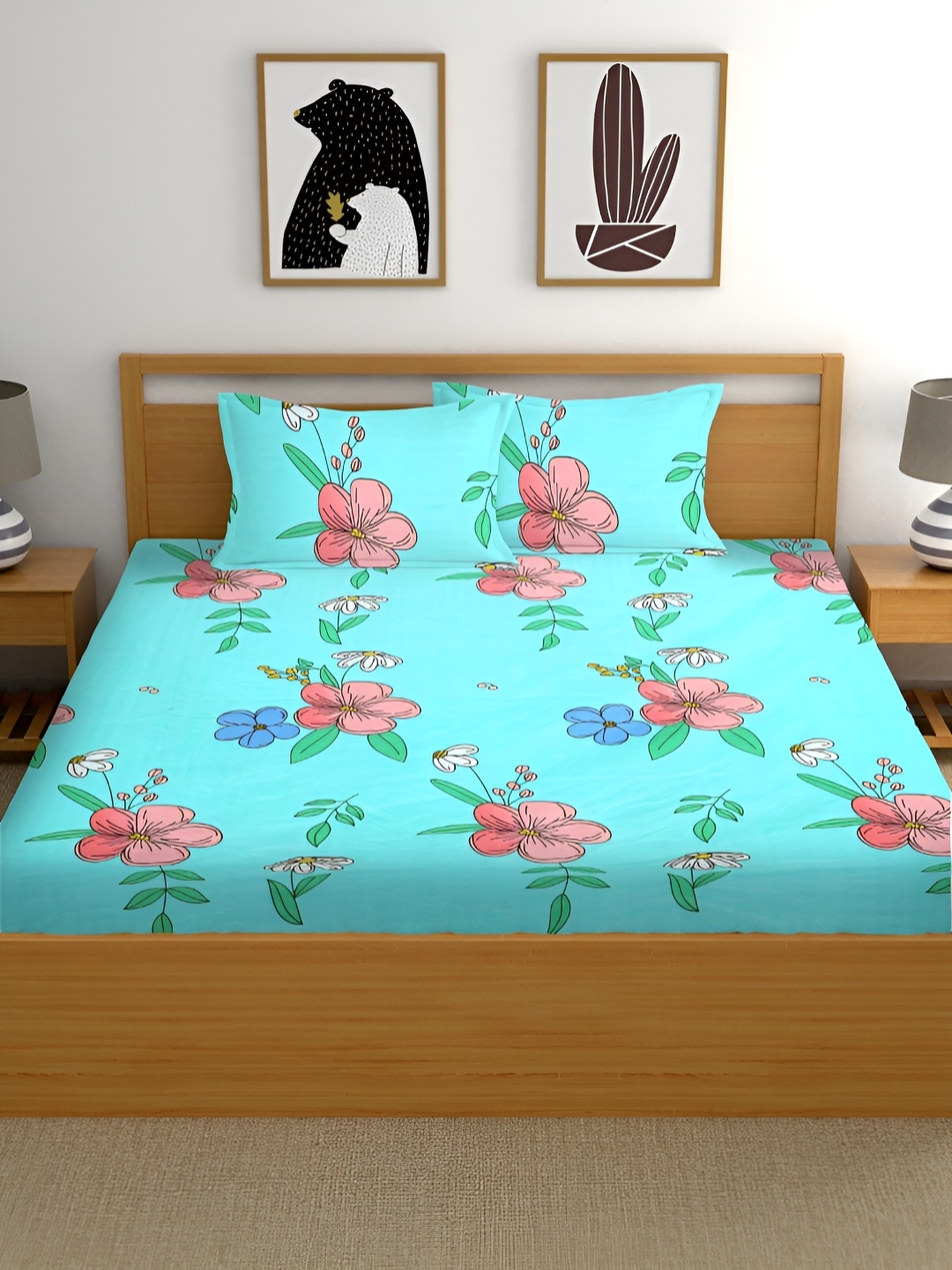 

HOMECRUST Turquoise Blue Geometric 210 TC Queen Bedsheet with 2 Pillow Covers 300 GSM