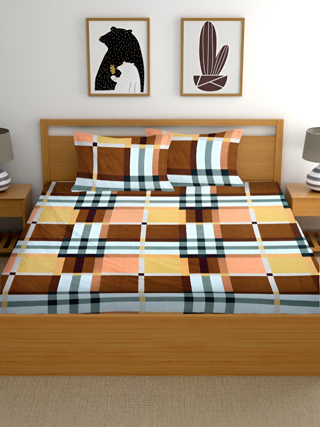 

HOMECRUST Yellow Geometric 210 TC Queen Fitted Bedsheet With 2 Pillow Covers