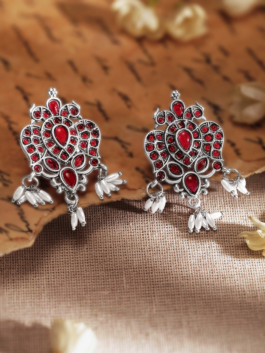 

Rubans Silver-Plated Artificial Stone Studded & Beads Beaded Ethnic Drop Earrings