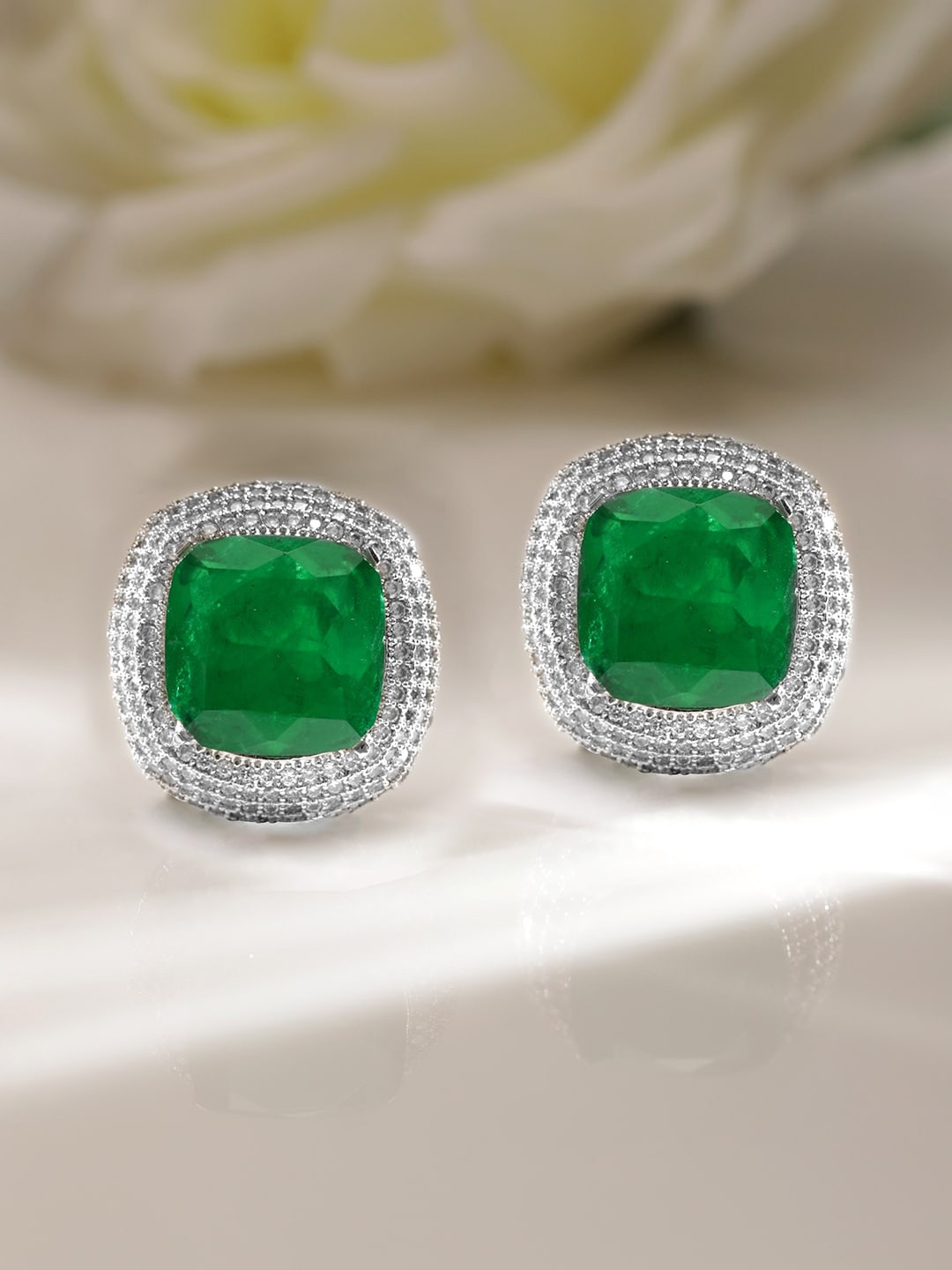 

Rubans Rhodium-Plated Zirconia Studded Studs Earrings, Silver