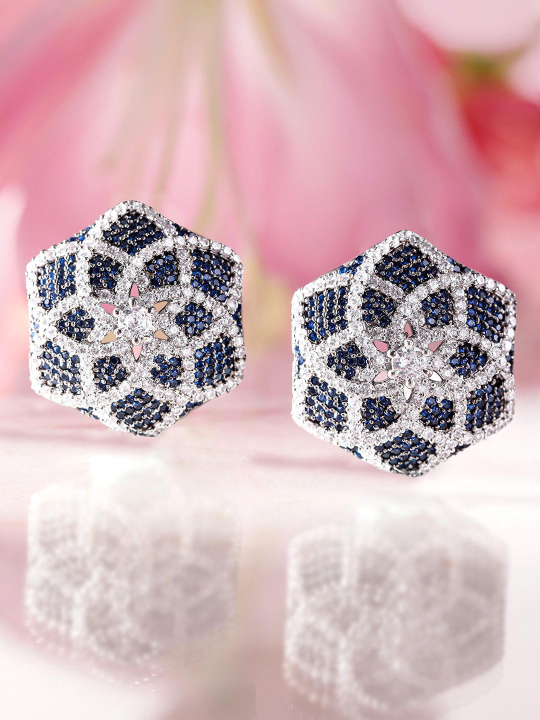 

Rubans Premium Rhodium Plated AAA Cubic Zirconia & Dark Blue Saphire Demi Fine Stud Earring, Silver