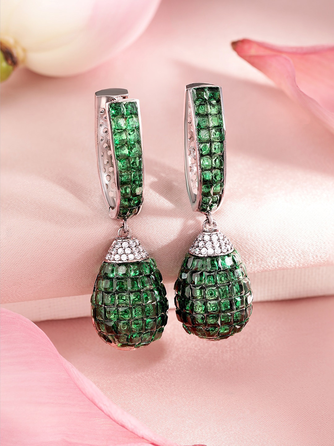 

Rubans Rhodium Plated Emerald Green Pave Studded Hoop With Drop Dangle Earrings