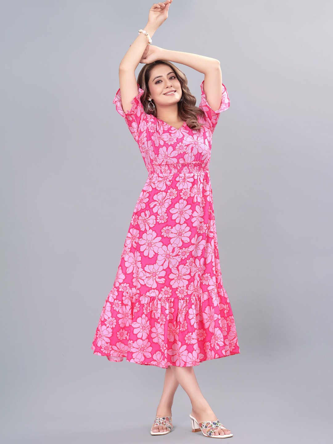 

FABDYOR Floral Printed Bell Sleeves Smocked Flounce Midi A-LineDress, Pink