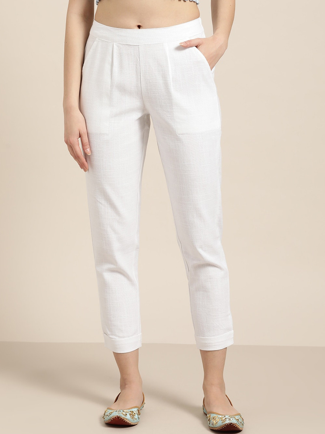 

KALINI Women Relaxed Slim Fit Cotton Cigarette Trousers, White