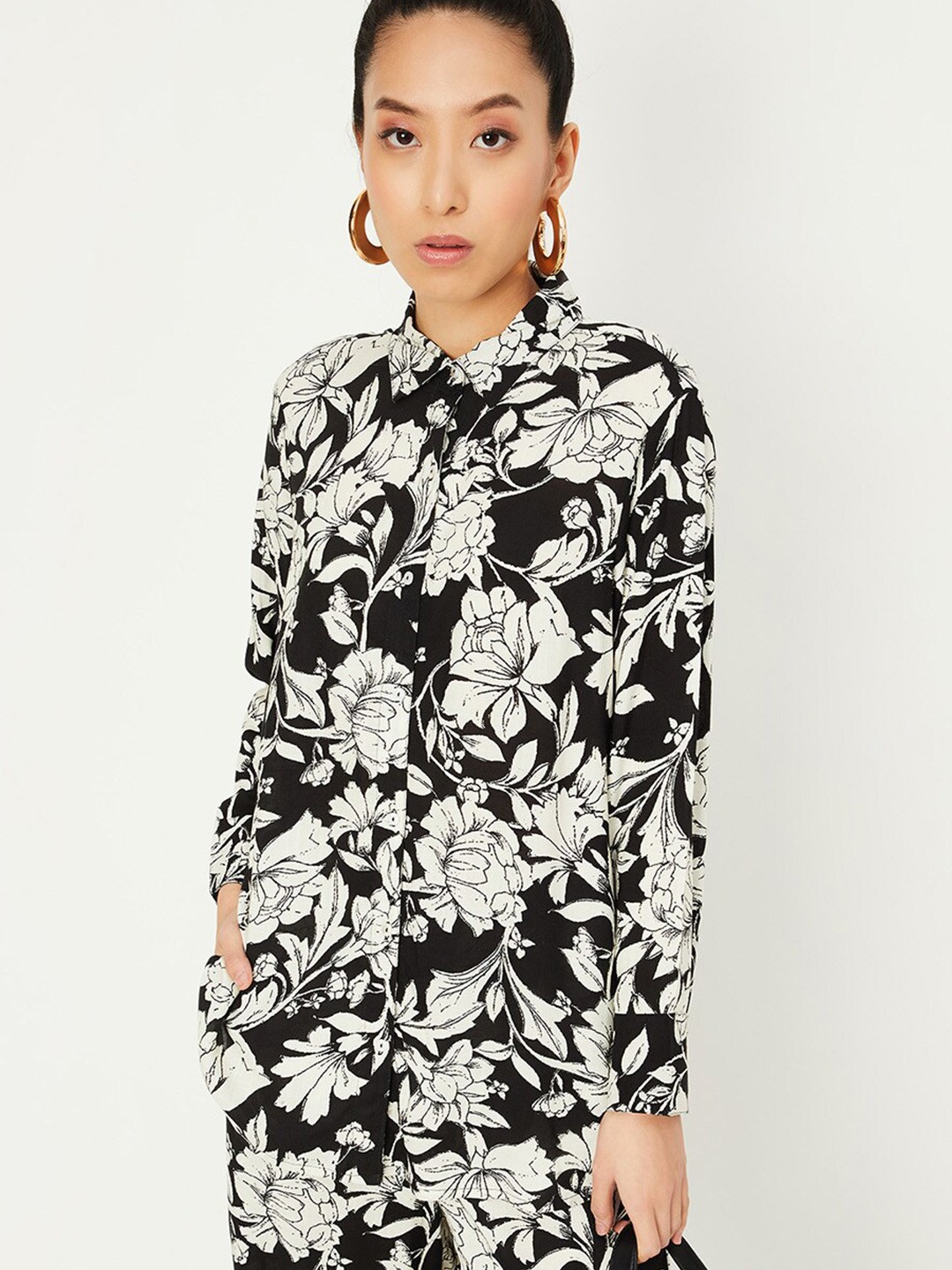 

max Floral Printed Longline Casual Shirt, Black