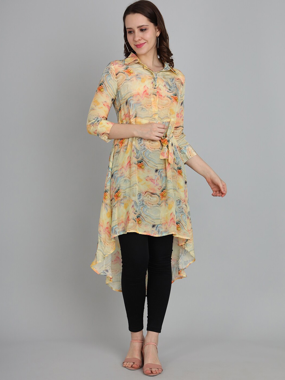 

FABDYOR Floral Printed Shirt Collar Crepe Tunic, Yellow