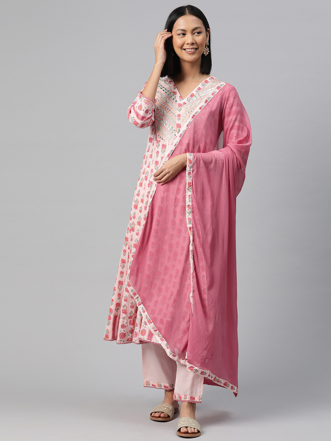

Readiprint Fashions Floral Printed Mirror Work Pure Cotton Kurta with Trousers & Dupatta, Pink