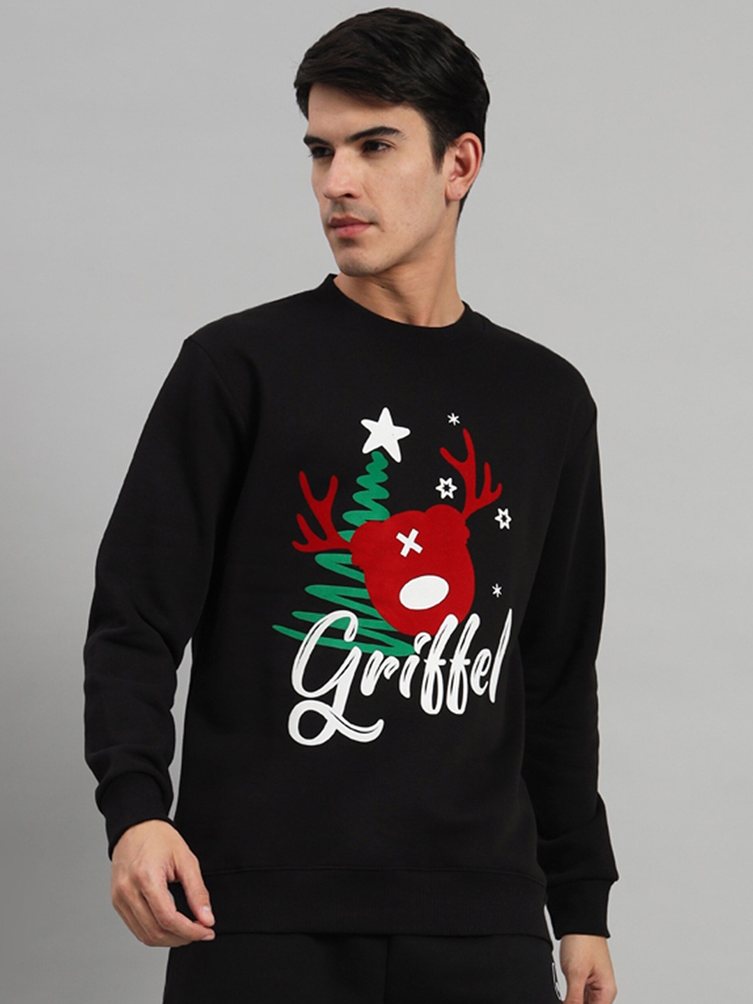 

GRIFFEL Typography Printed Fleece Pullover Sweatshirt, Black