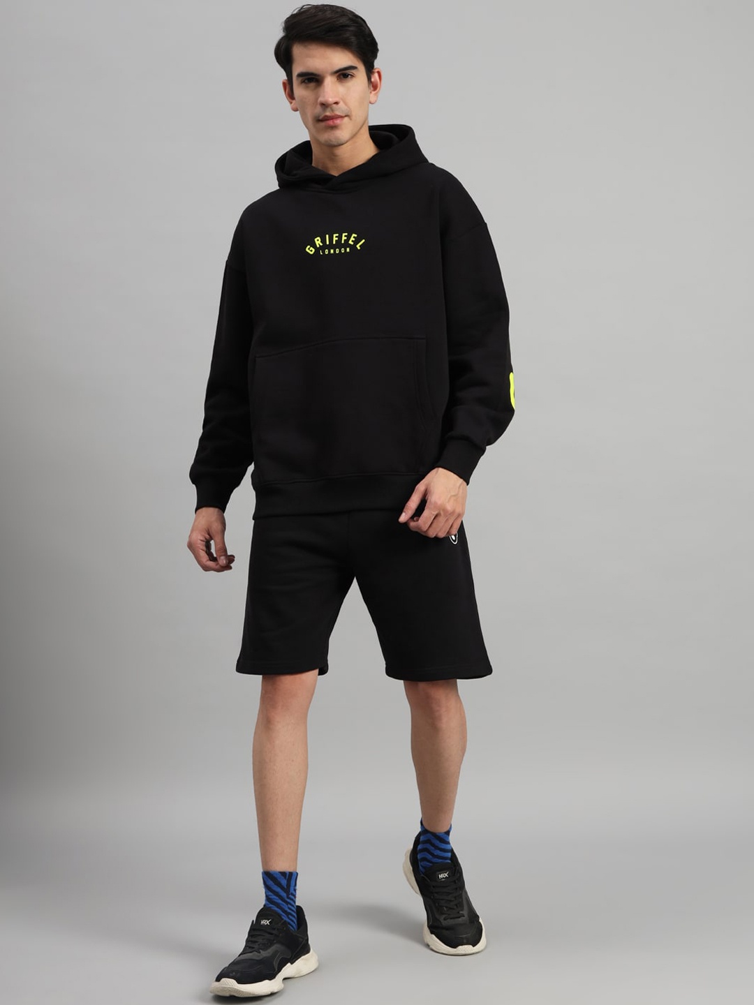 

GRIFFEL Typography Printed Hooded Oversized Cotton Fleece Tracksuits, Black