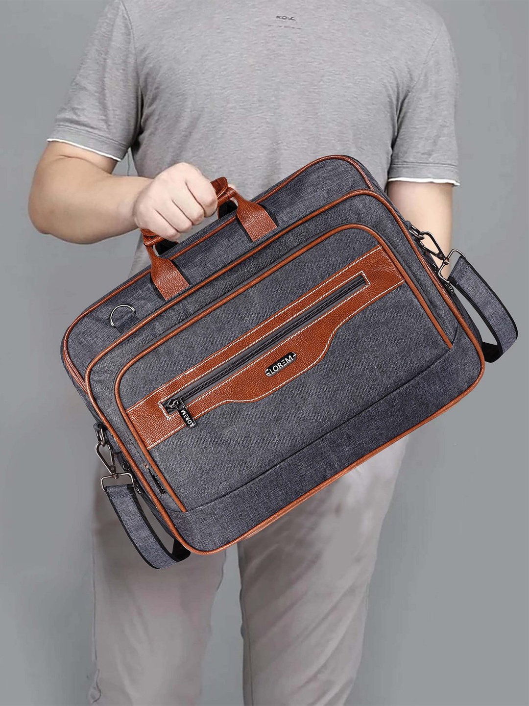 

LOREM Men Textured Linen Messenger Bag, Grey