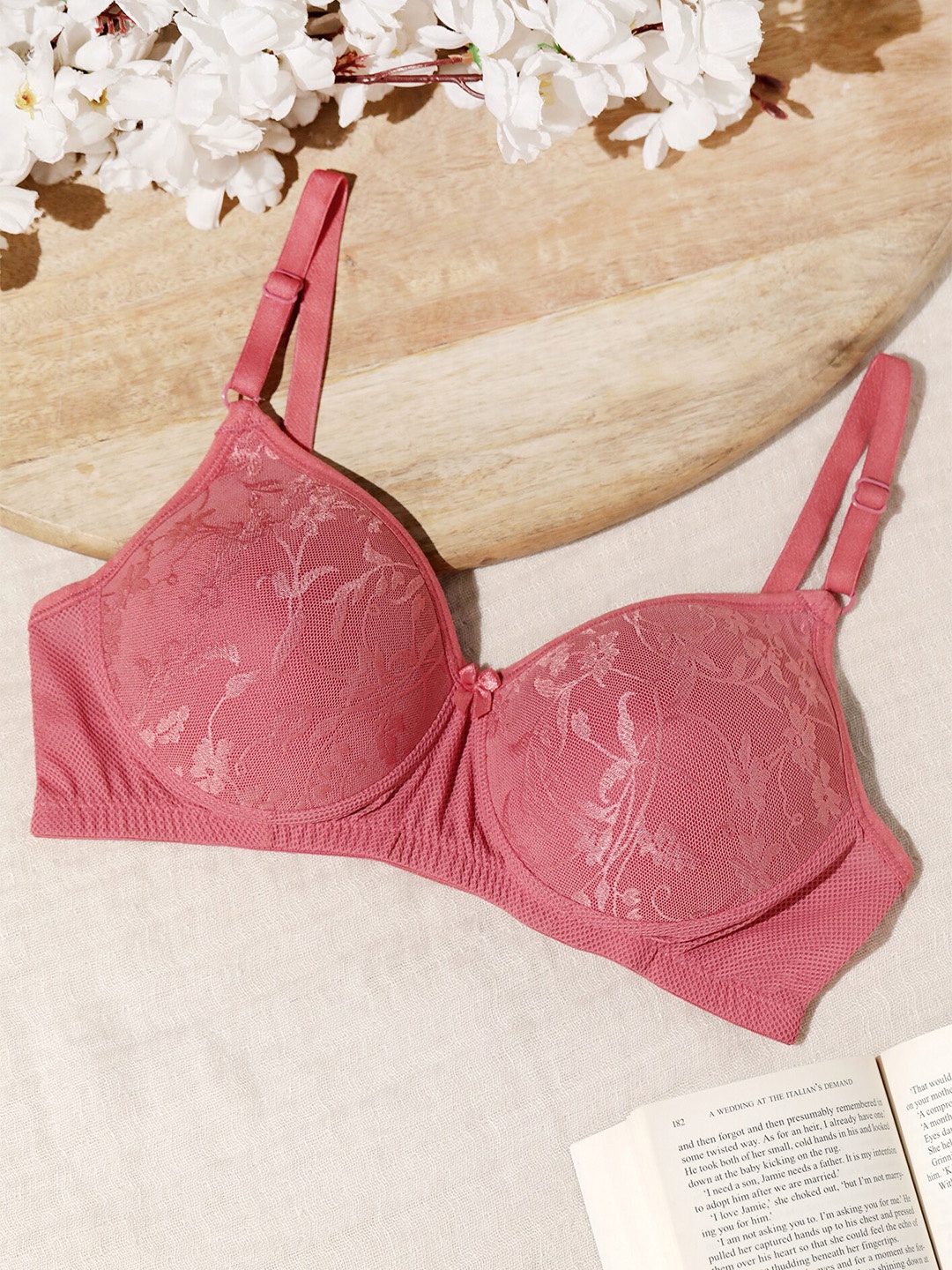 

LULU & SKY Floral Lace Medium Coverage Lightly Padded Everyday Bra With All Day Comfort, Pink