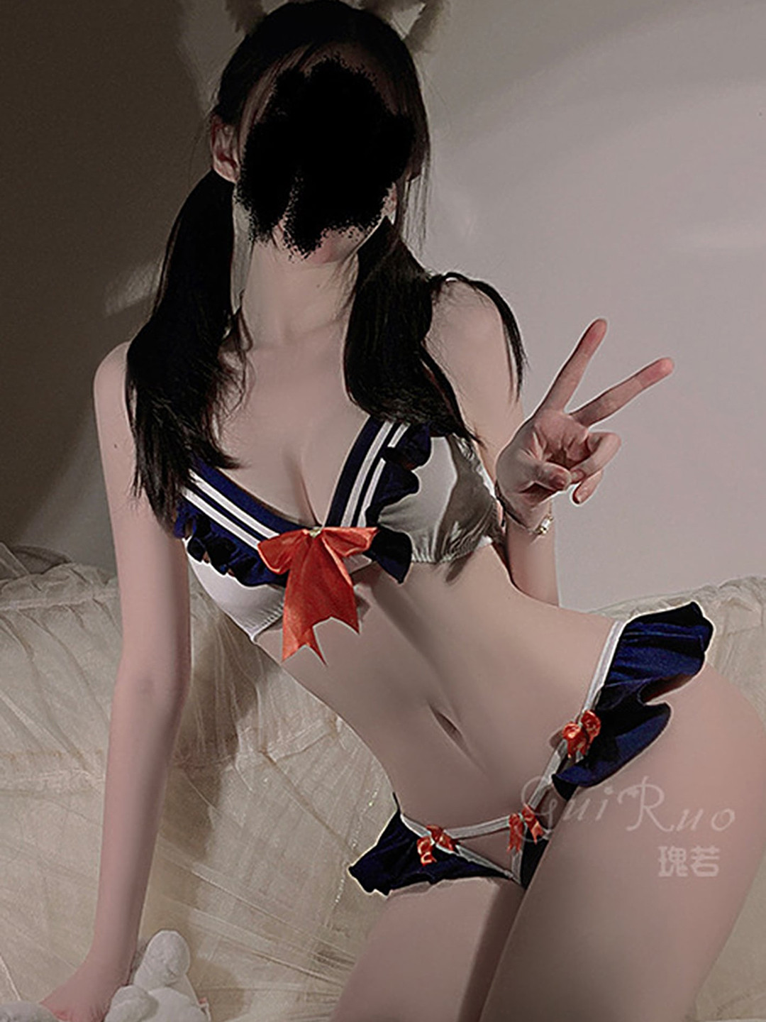 

LULU & SKY Colour-Blocked Cut-Out Bow Knot Lingerie Set, Blue
