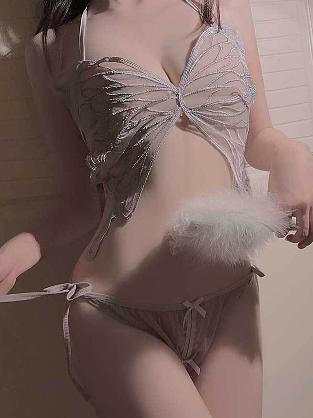 

LULU & SKY Sheer Butterfly Lace Lingerie Set, Purple