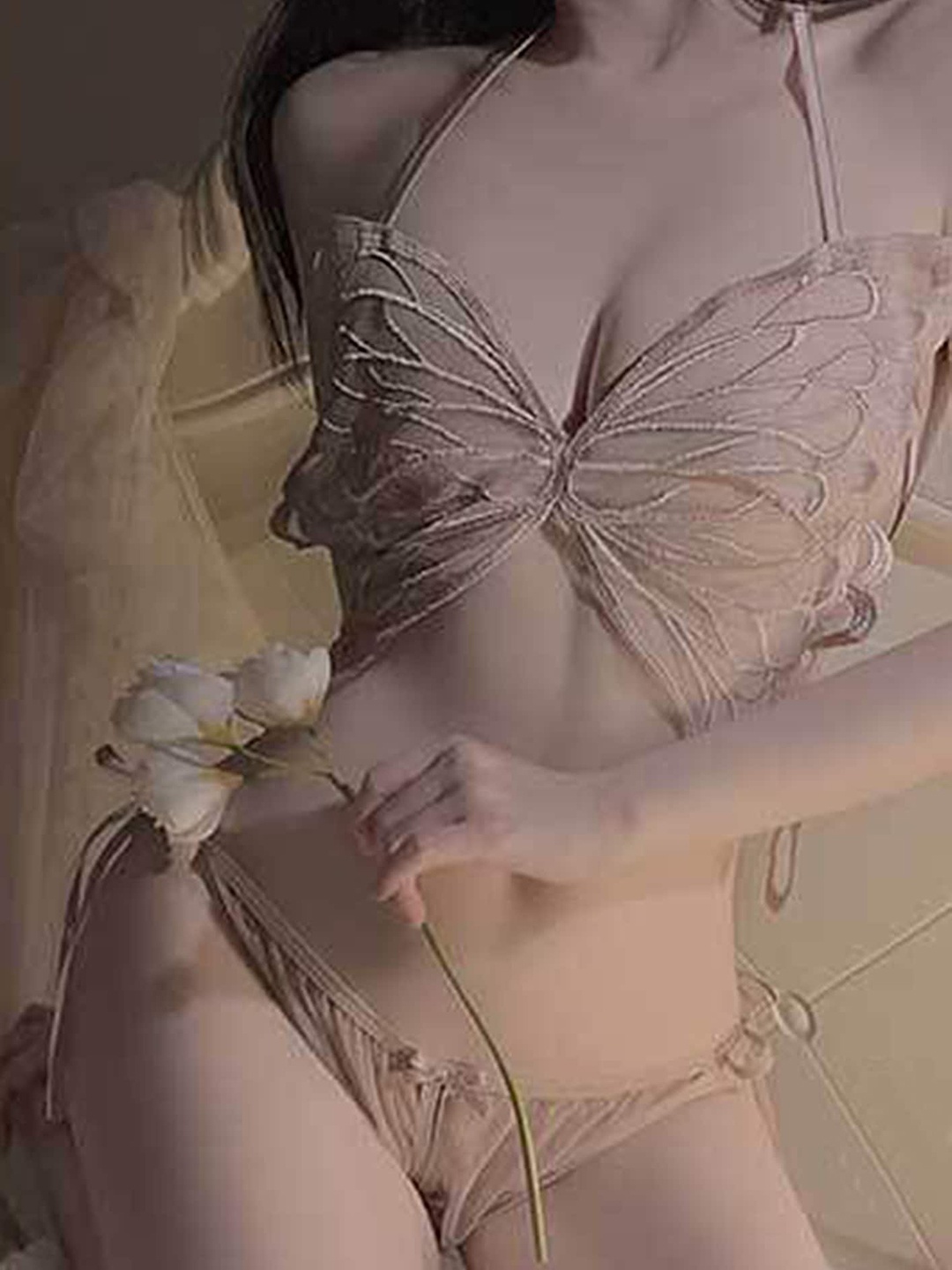 

LULU & SKY Sheer Lace Butterfly Lingerie, Pink