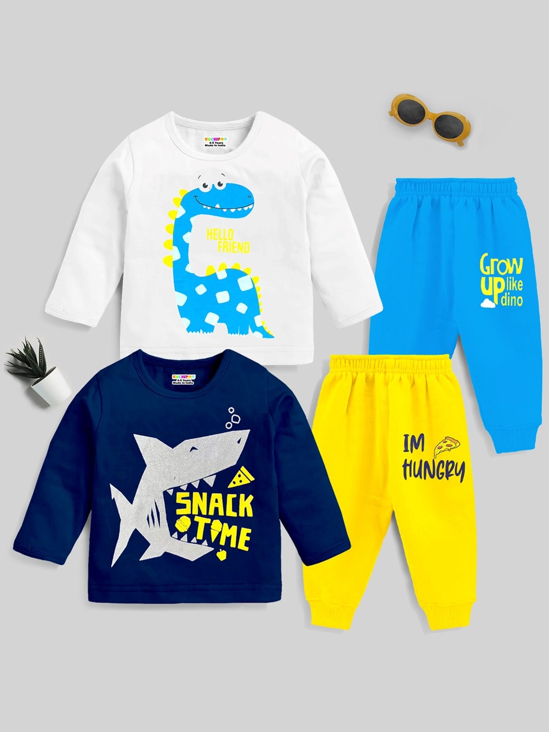 

KUCHIPOO Kids Pack Of 2 Graphic Printed T-shirt With Pyjamas, Navy blue