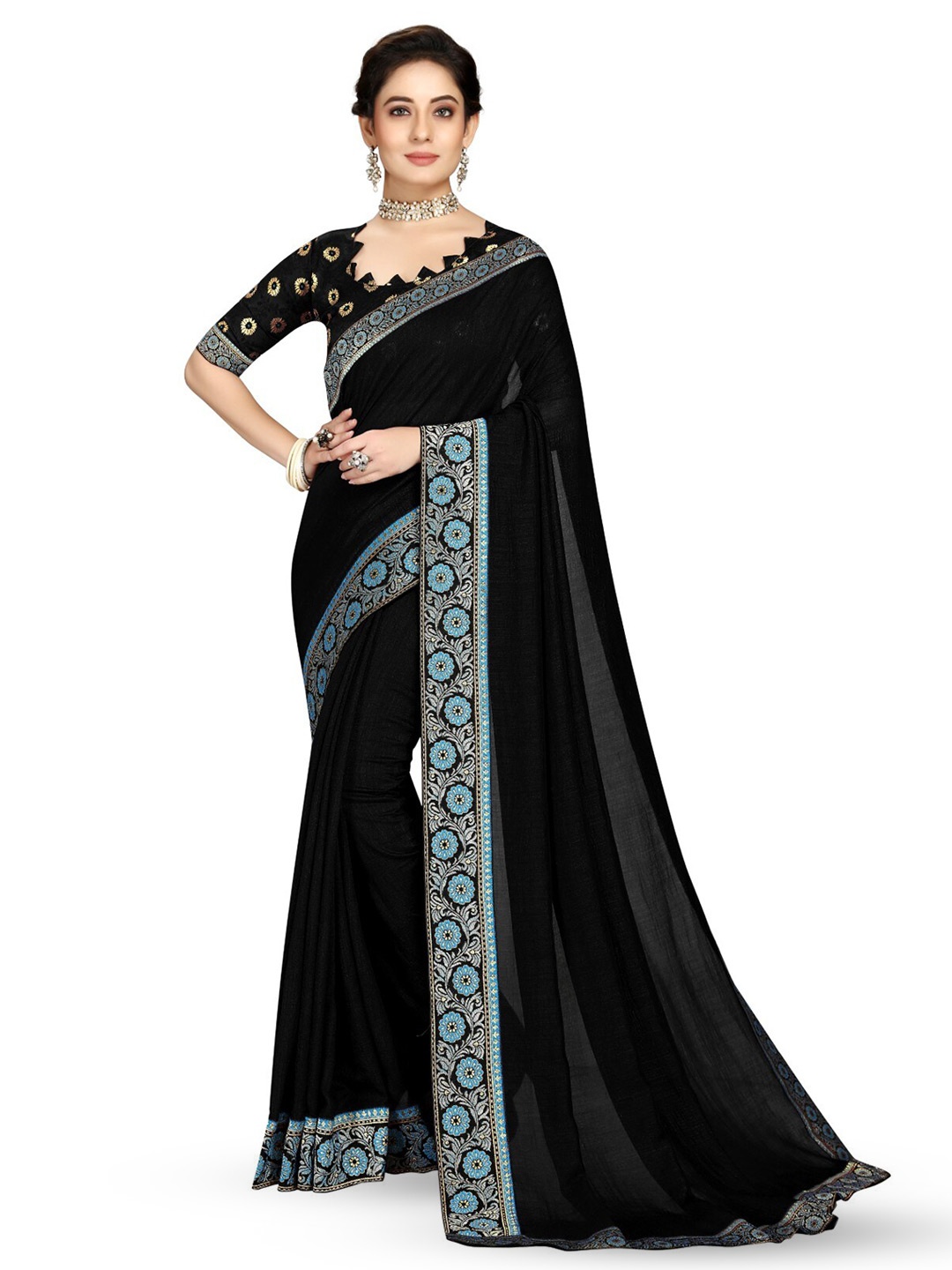 

ZEEPKART Floral Border Woven Design Zari Saree, Black