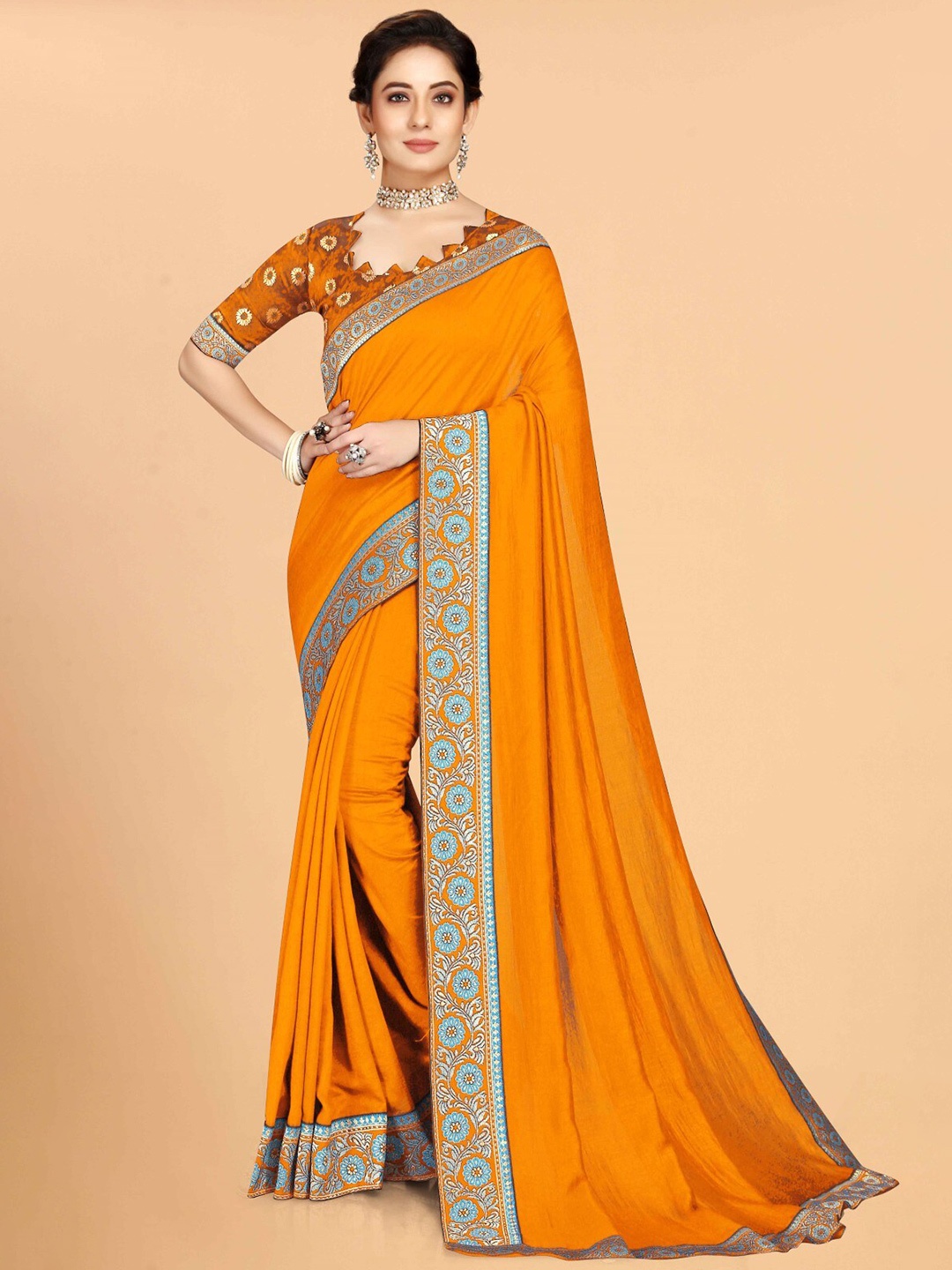 

ZEEPKART Woven Design Floral Border Saree, Gold