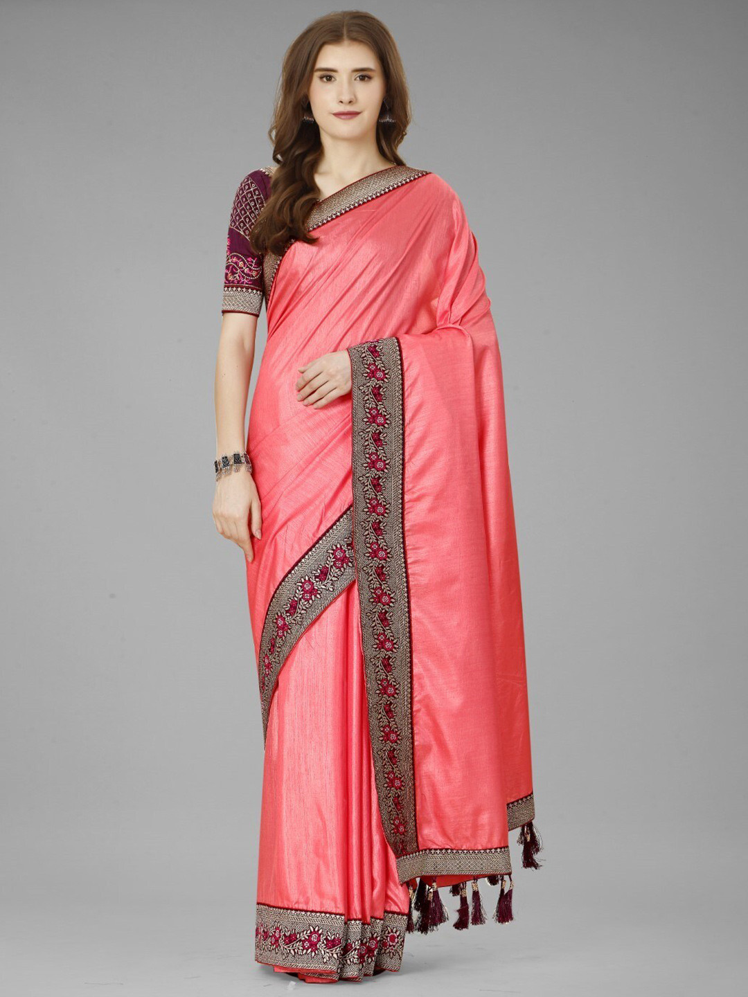 

ZEEPKART Ethnic Motifs Woven Design Zari Saree, Pink