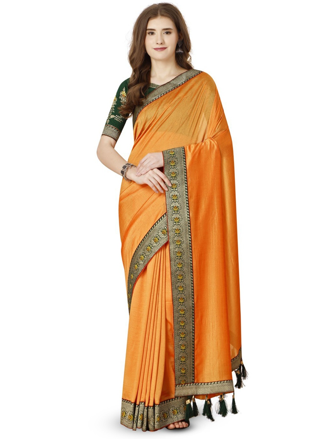 

ZEEPKART Woven Design Border Saree, Orange