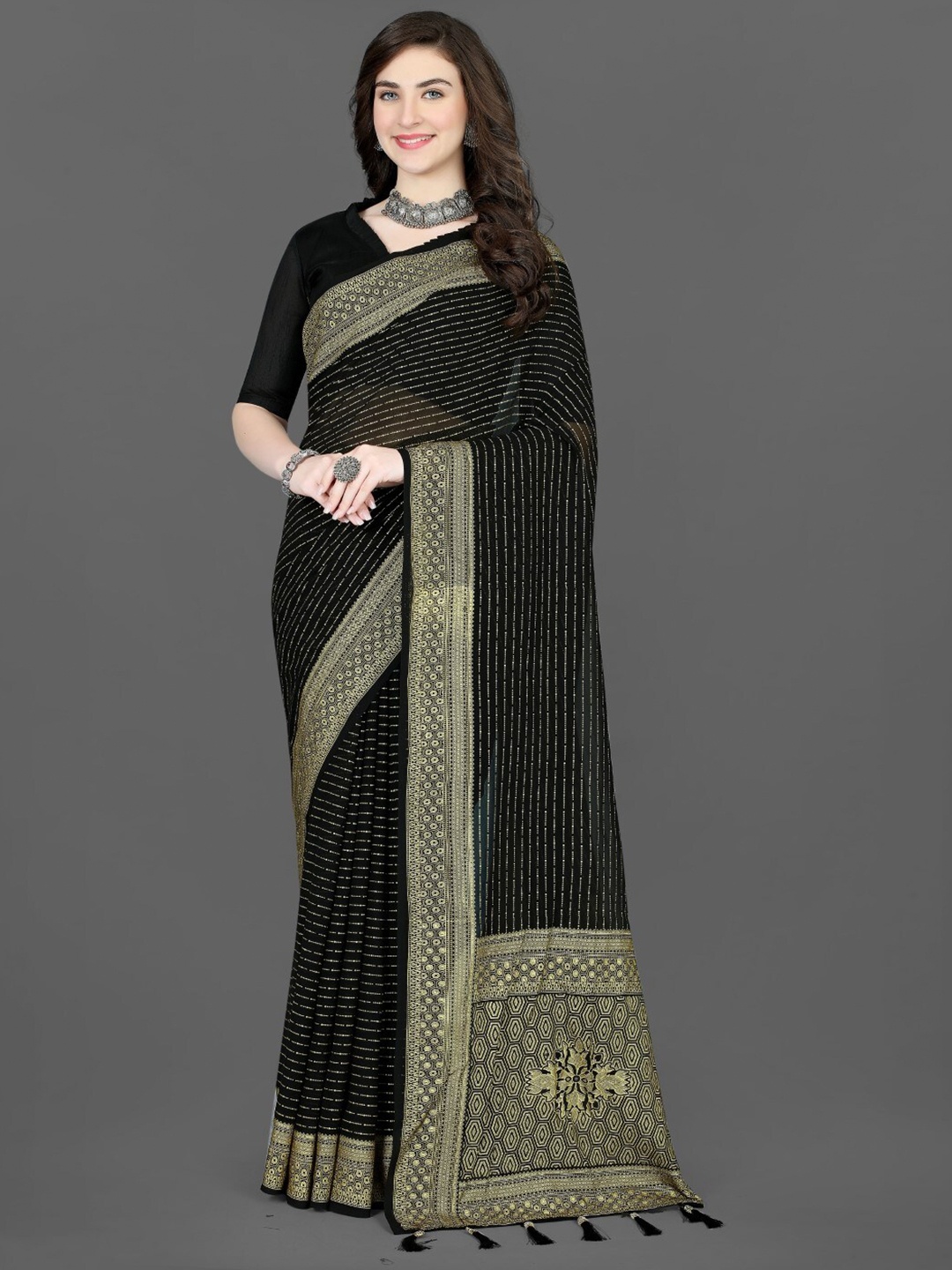 

ZEEPKART Woven Design Striped Saree, Black