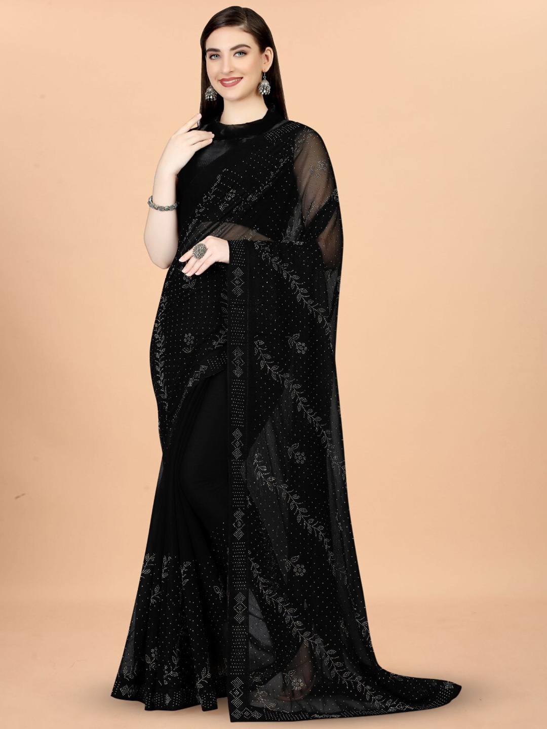 

ZEEPKART Embellished Woven Design Floral Silk Blend Saree, Black