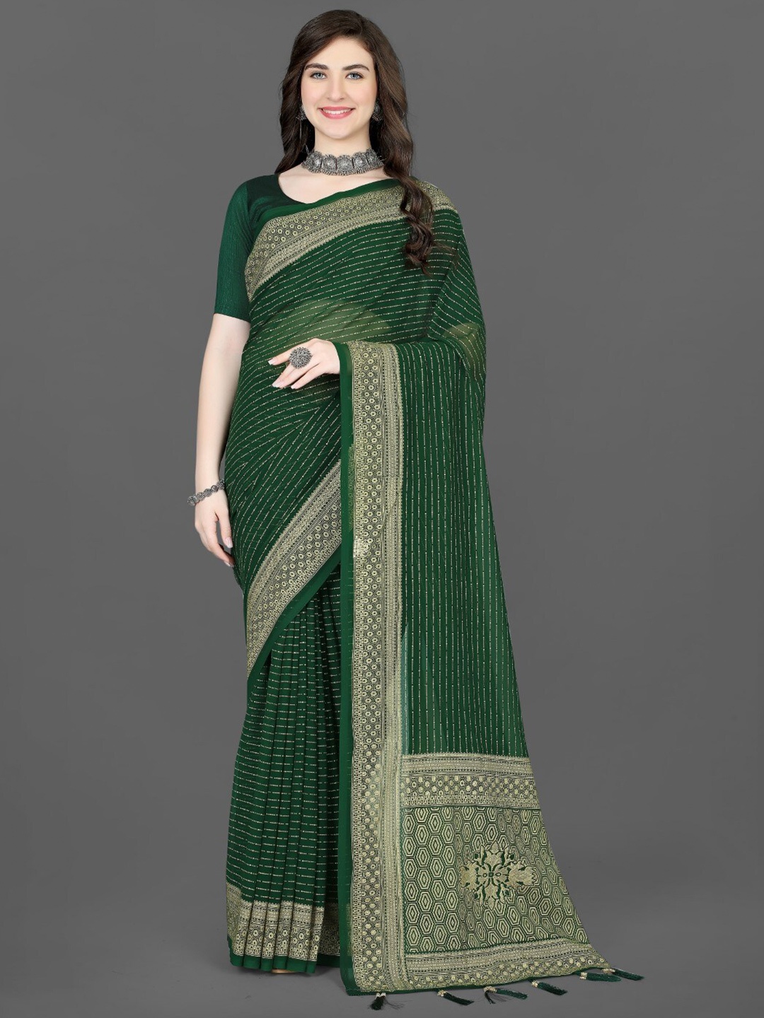 

ZEEPKART Woven Design Striped Saree, Green