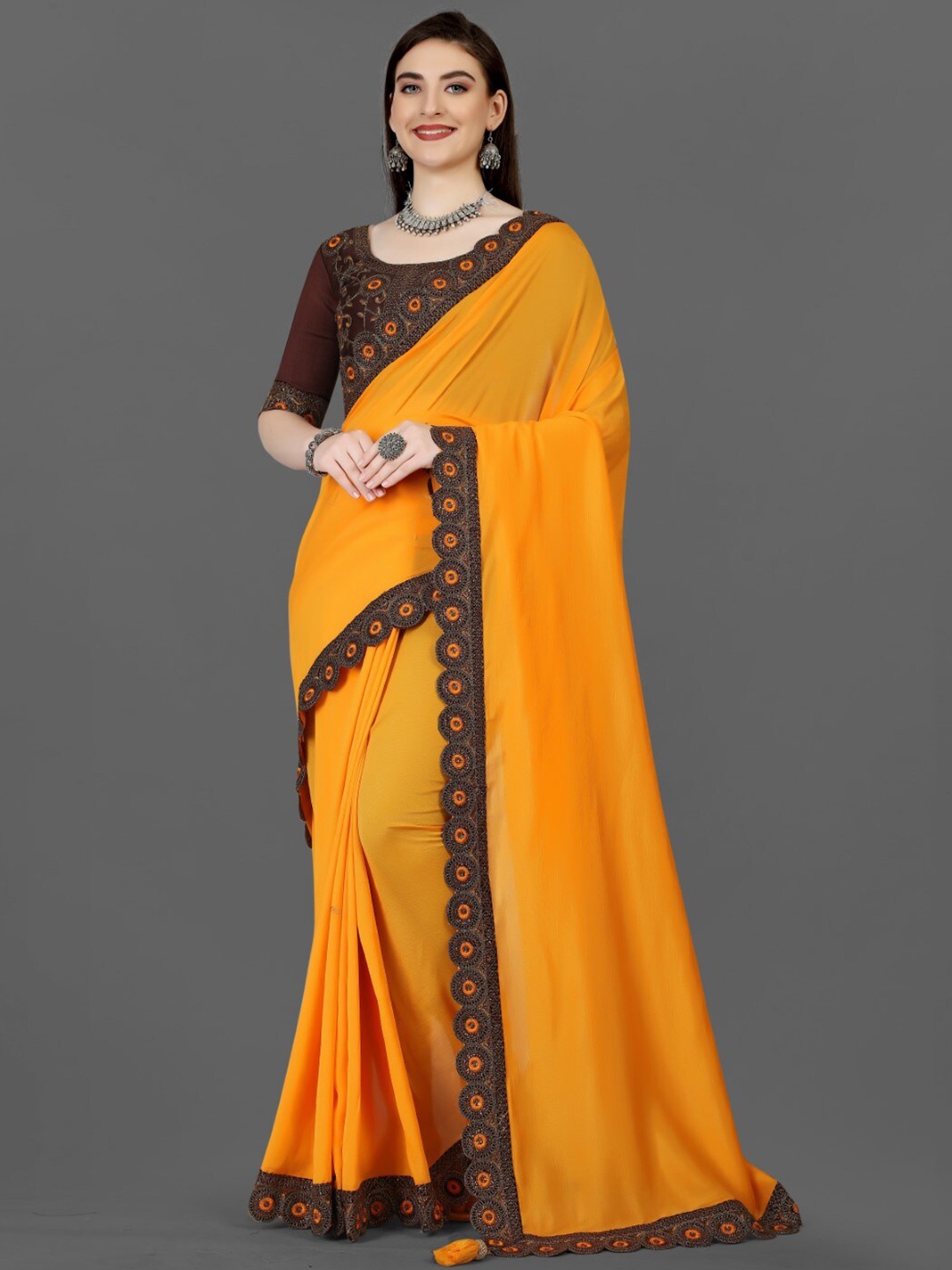 

ZEEPKART Embellished Border Saree, Yellow