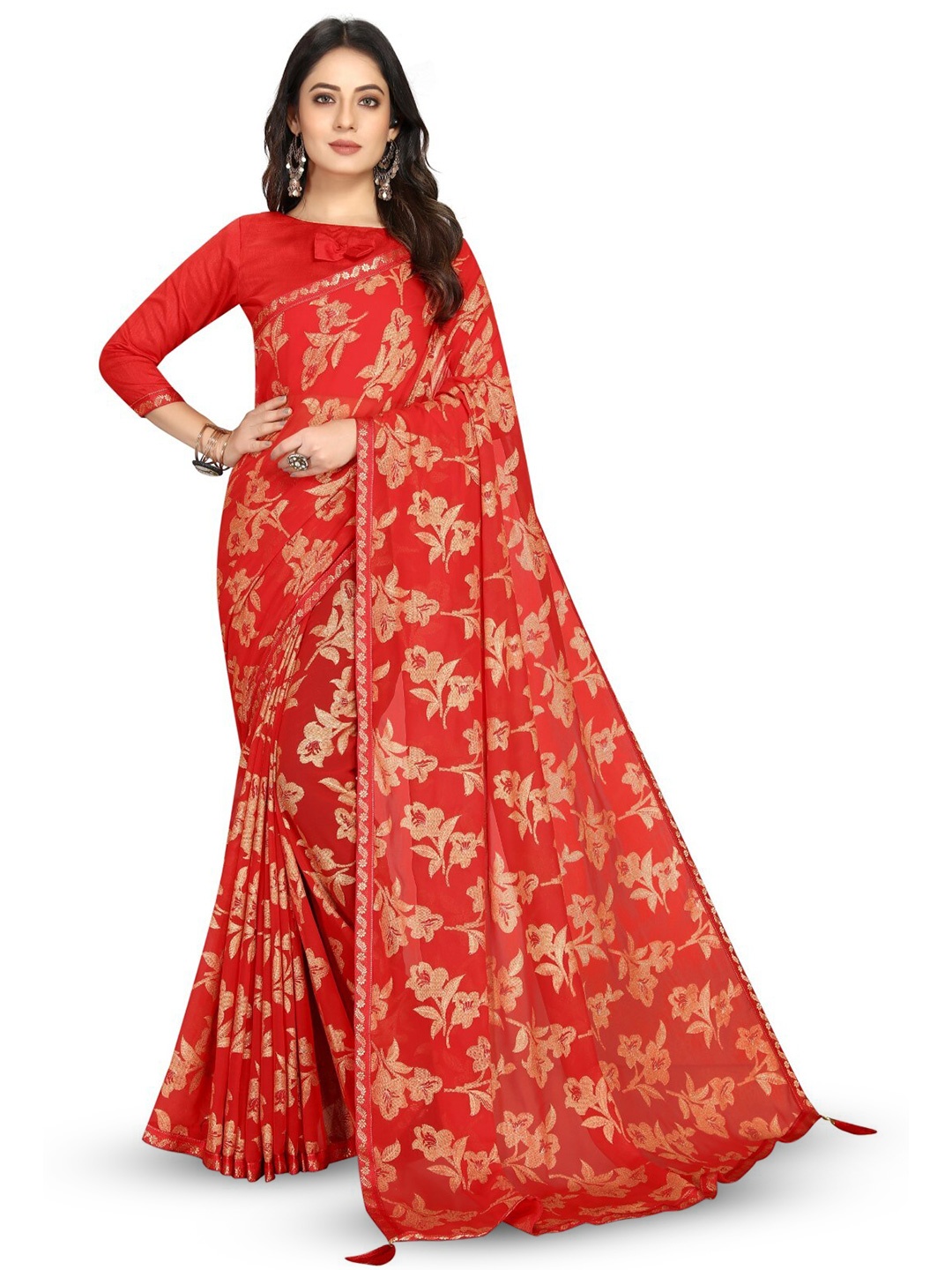 

ZEEPKART Floral Printed Zari Saree, Red